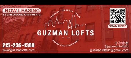 Red advertisement for Guzman Lofts with leasing information and a QR code.